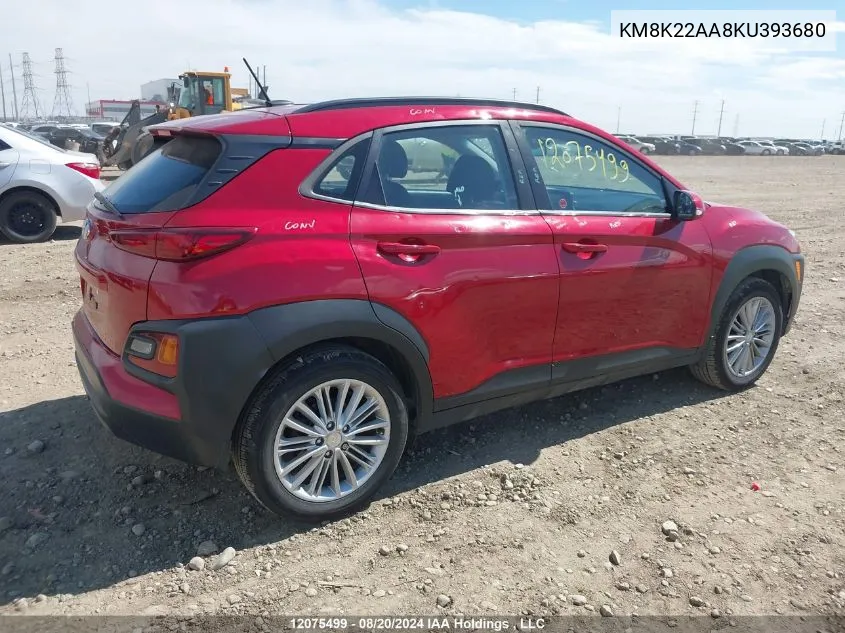 2019 Hyundai Kona Sel VIN: KM8K22AA8KU393680 Lot: 12075499