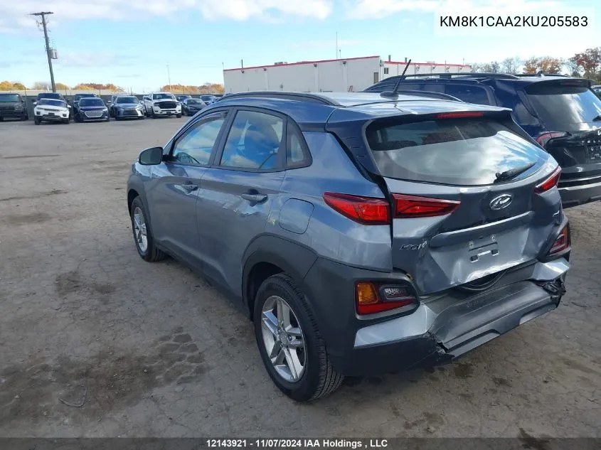 2019 Hyundai Kona Se VIN: KM8K1CAA2KU205583 Lot: 12143921