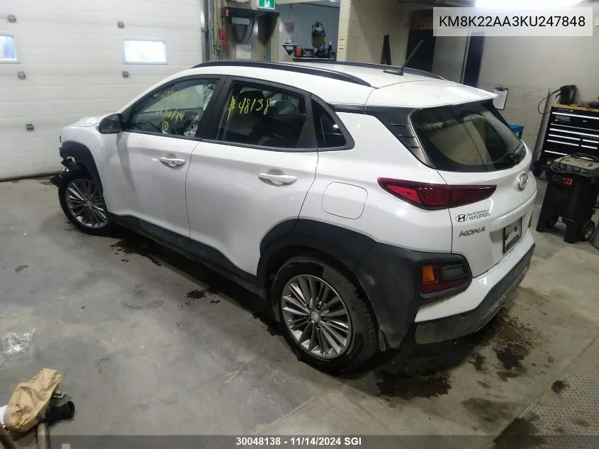 2019 Hyundai Kona Sel VIN: KM8K22AA3KU247848 Lot: 30048138