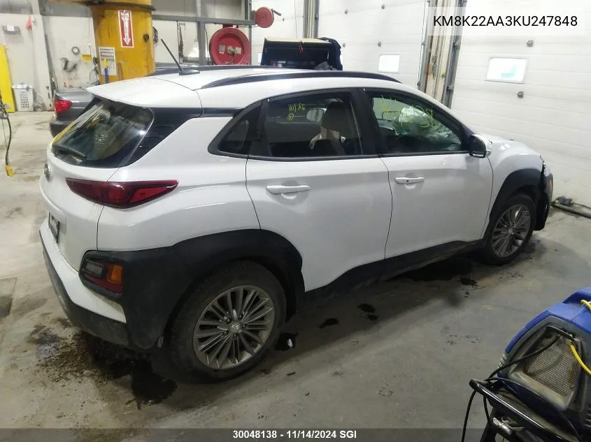 2019 Hyundai Kona Sel VIN: KM8K22AA3KU247848 Lot: 30048138