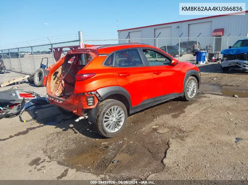 2019 Hyundai Kona Sel VIN: KM8K62AA4KU366836 Lot: 39498926