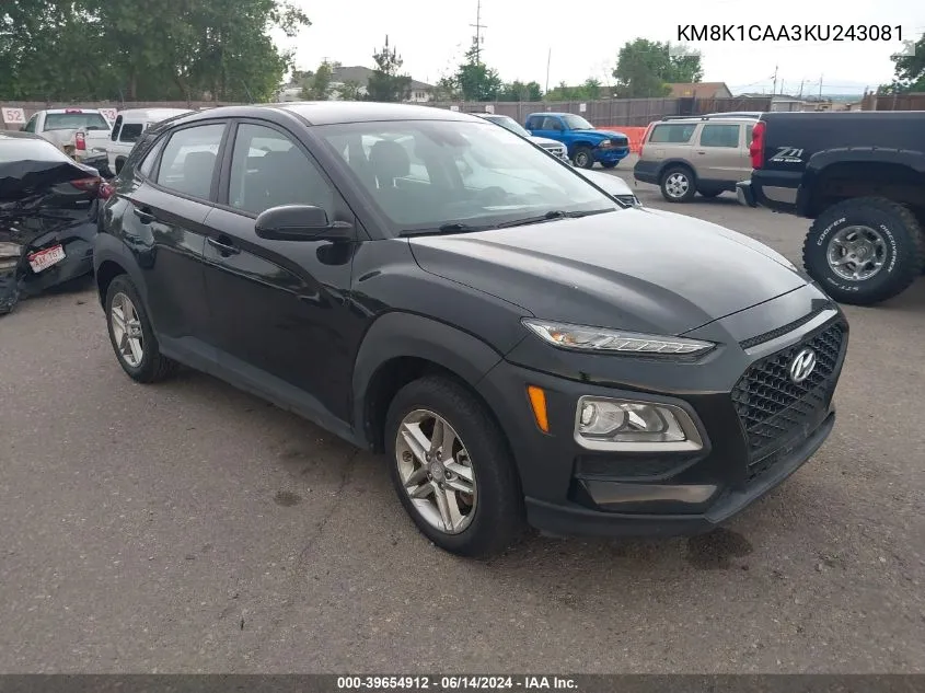 2019 Hyundai Kona Se VIN: KM8K1CAA3KU243081 Lot: 39654912