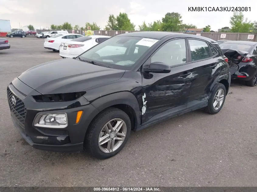 2019 Hyundai Kona Se VIN: KM8K1CAA3KU243081 Lot: 39654912