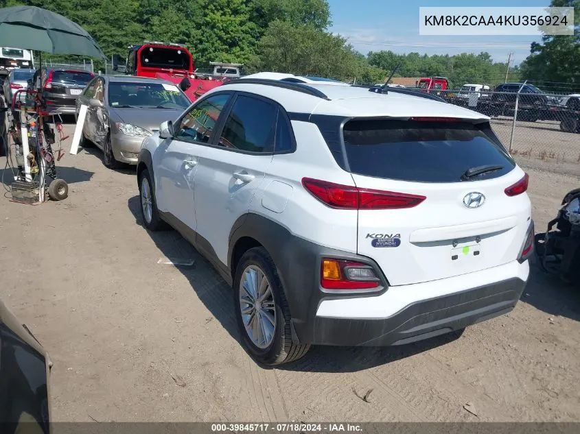 2019 Hyundai Kona Sel VIN: KM8K2CAA4KU356924 Lot: 39845717