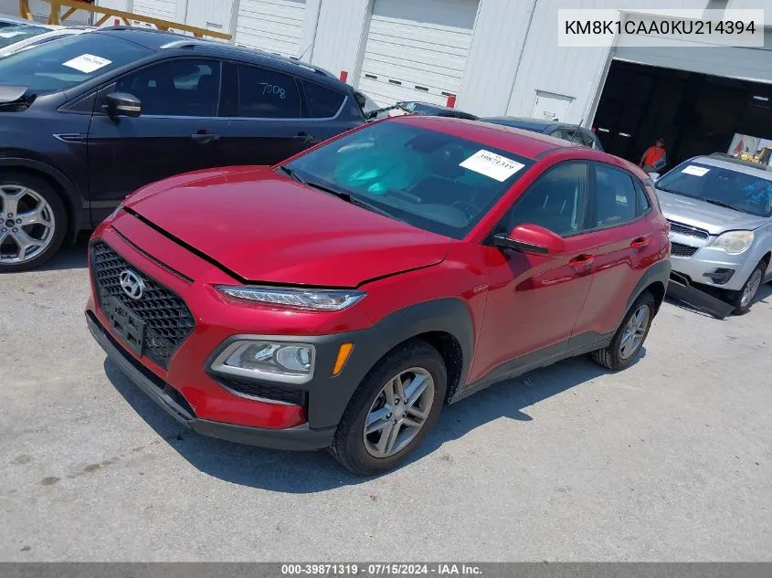 2019 Hyundai Kona Se VIN: KM8K1CAA0KU214394 Lot: 39871319