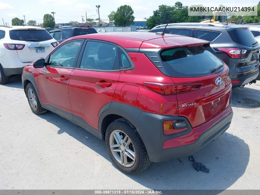 2019 Hyundai Kona Se VIN: KM8K1CAA0KU214394 Lot: 39871319