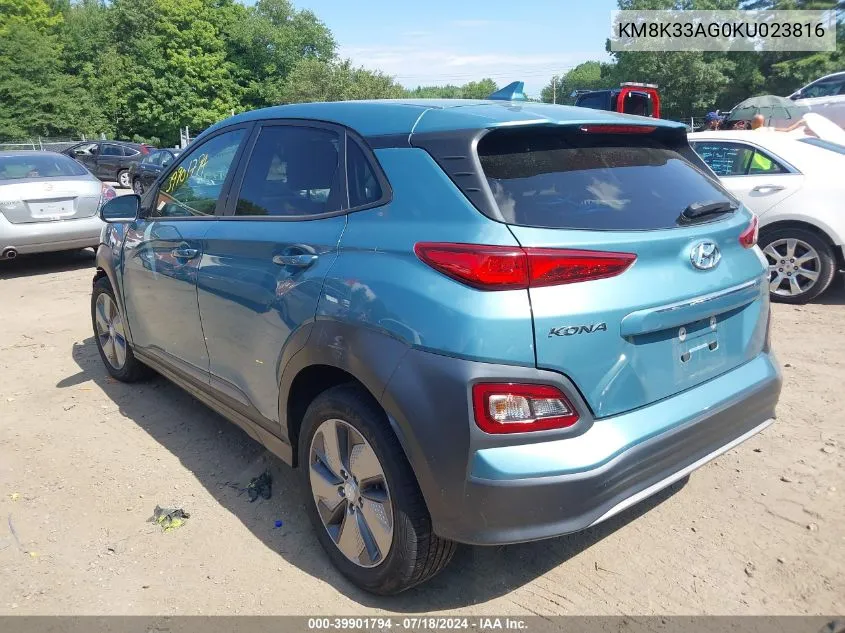 2019 Hyundai Kona Ev Limited VIN: KM8K33AG0KU023816 Lot: 39901794