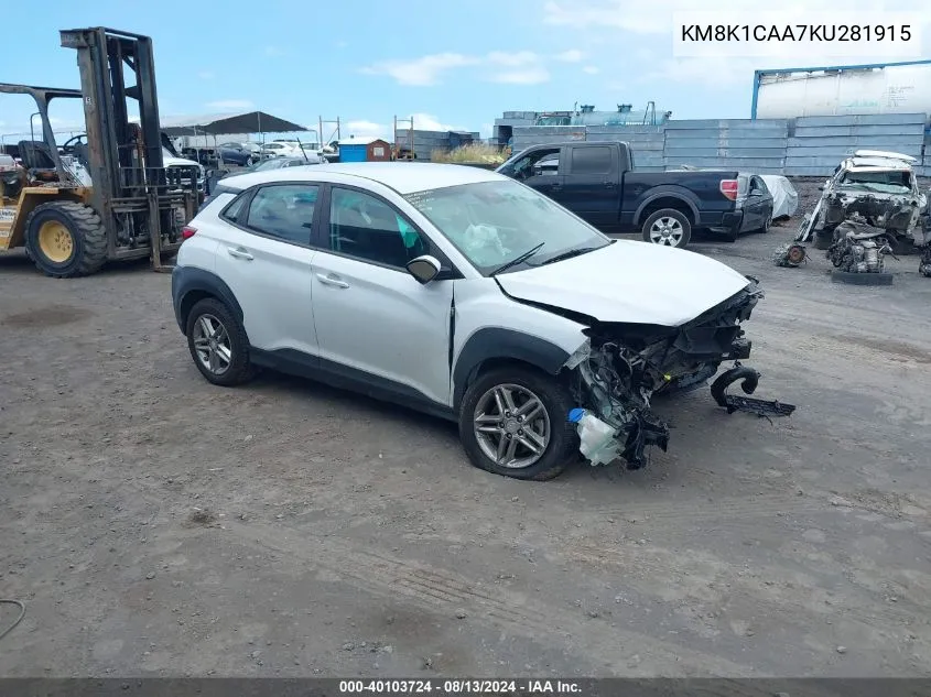 2019 Hyundai Kona Se VIN: KM8K1CAA7KU281915 Lot: 40103724