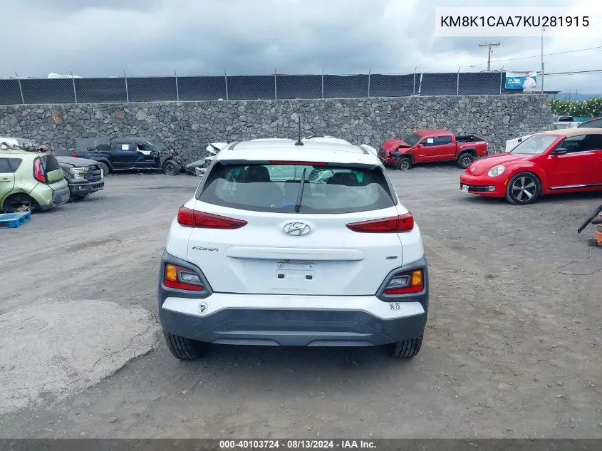 2019 Hyundai Kona Se VIN: KM8K1CAA7KU281915 Lot: 40103724