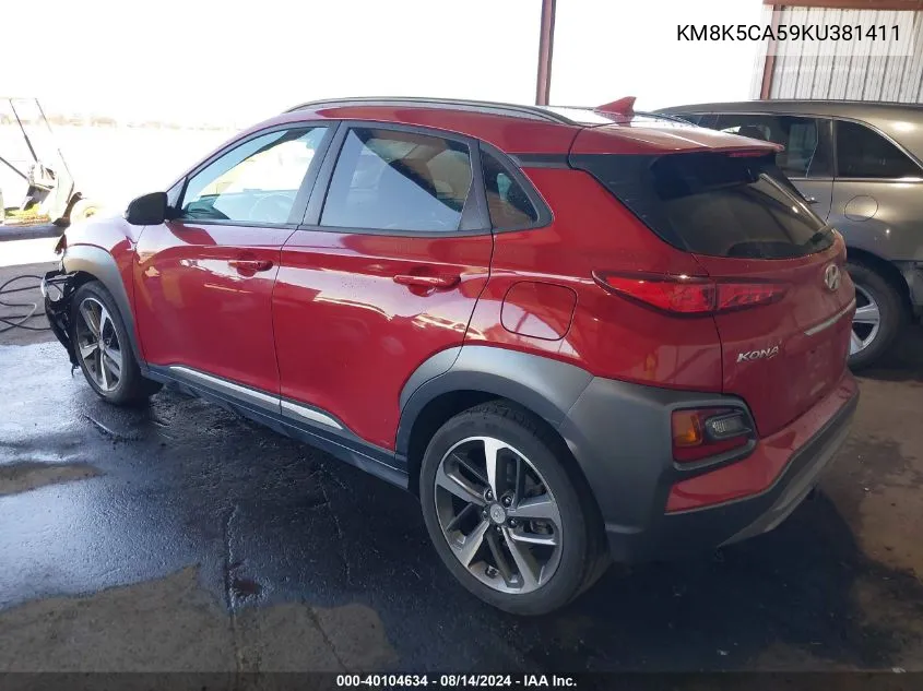 2019 Hyundai Kona Ultimate VIN: KM8K5CA59KU381411 Lot: 40104634