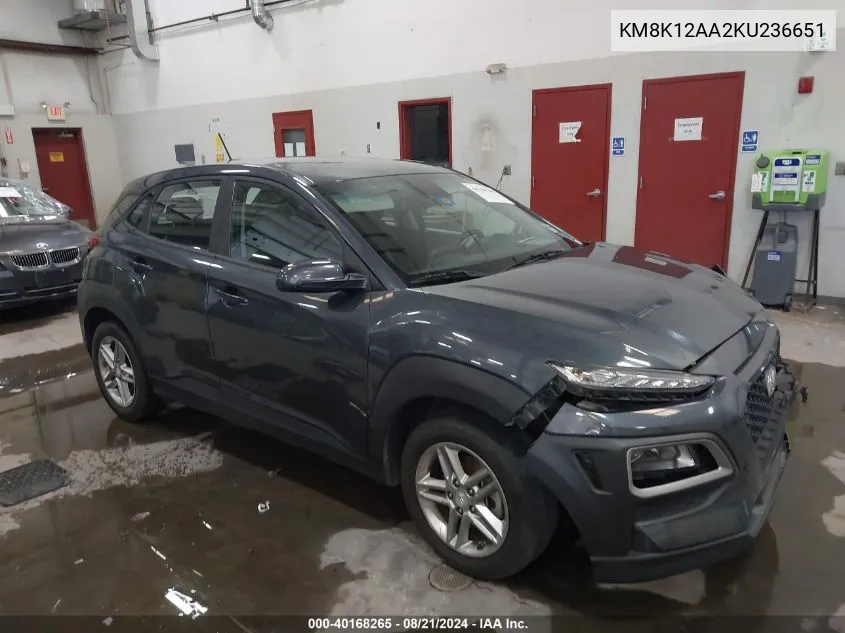 2019 Hyundai Kona Se VIN: KM8K12AA2KU236651 Lot: 40168265