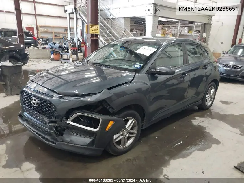 2019 Hyundai Kona Se VIN: KM8K12AA2KU236651 Lot: 40168265