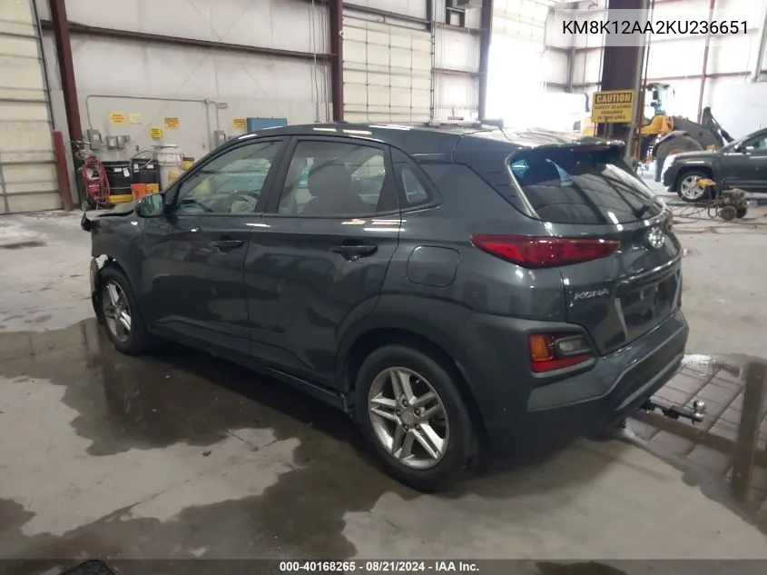 2019 Hyundai Kona Se VIN: KM8K12AA2KU236651 Lot: 40168265