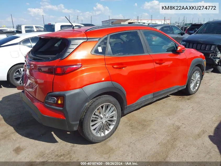 2019 Hyundai Kona Sel VIN: KM8K22AAXKU274772 Lot: 40187430