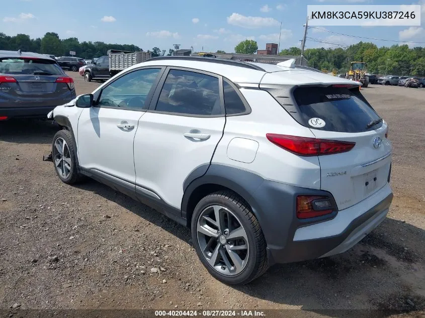 2019 Hyundai Kona Limited VIN: KM8K3CA59KU387246 Lot: 40204424