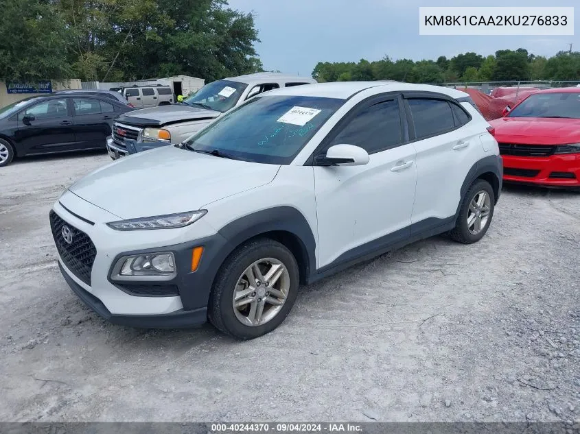 2019 Hyundai Kona Se VIN: KM8K1CAA2KU276833 Lot: 40244370