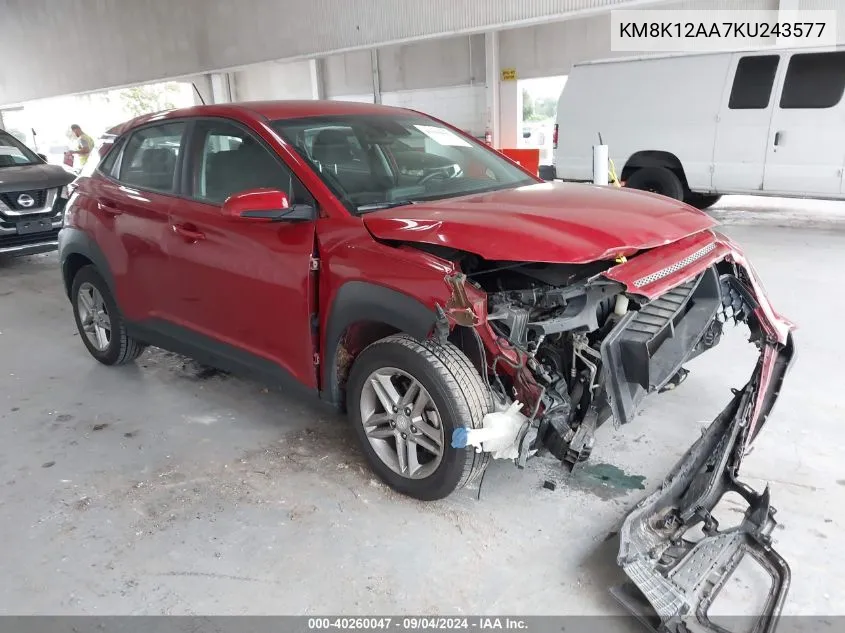 2019 Hyundai Kona Se VIN: KM8K12AA7KU243577 Lot: 40260047