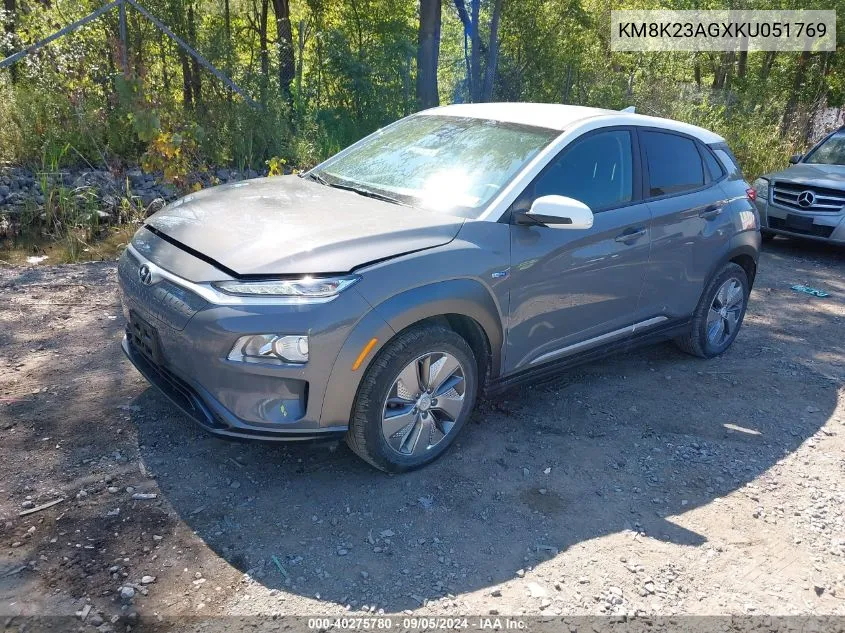 2019 Hyundai Kona Ev Sel VIN: KM8K23AGXKU051769 Lot: 40275780