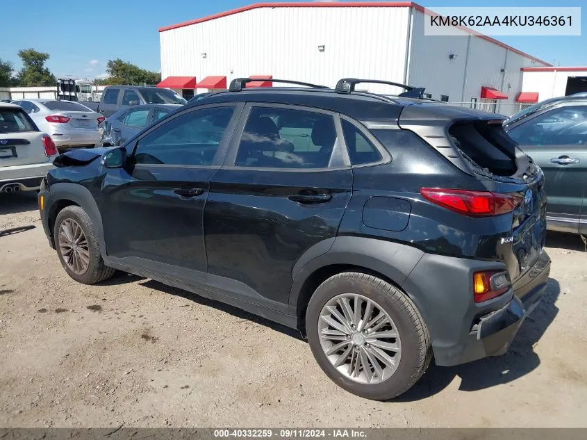 2019 Hyundai Kona Sel VIN: KM8K62AA4KU346361 Lot: 40332259