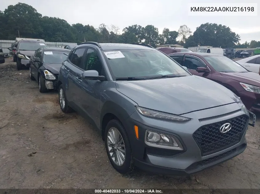 2019 Hyundai Kona Sel VIN: KM8K22AA0KU216198 Lot: 40482033