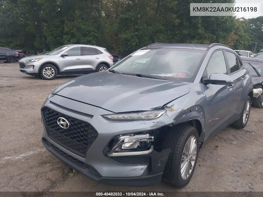 2019 Hyundai Kona Sel VIN: KM8K22AA0KU216198 Lot: 40482033