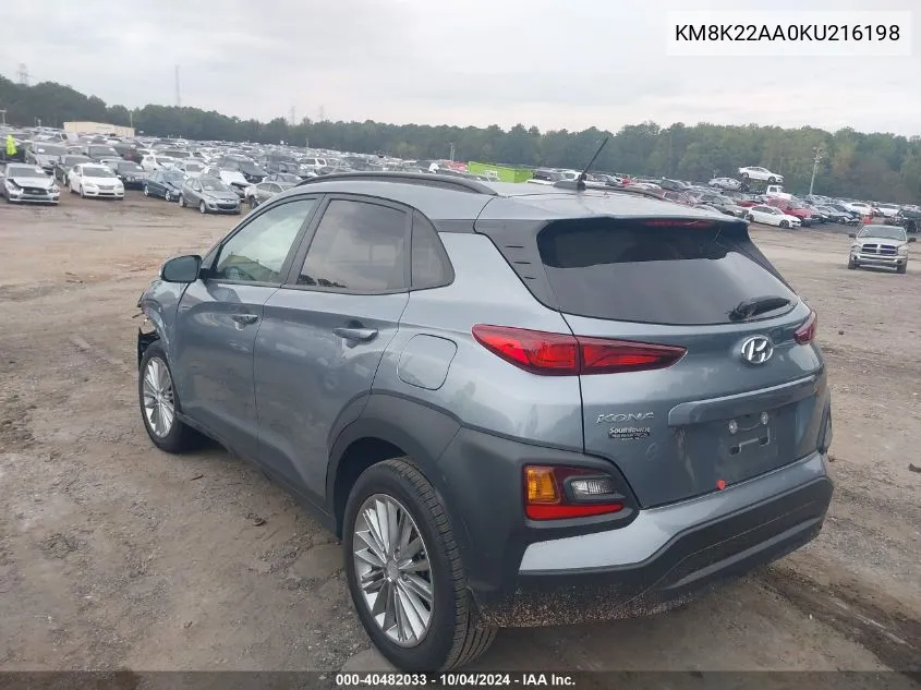 2019 Hyundai Kona Sel VIN: KM8K22AA0KU216198 Lot: 40482033