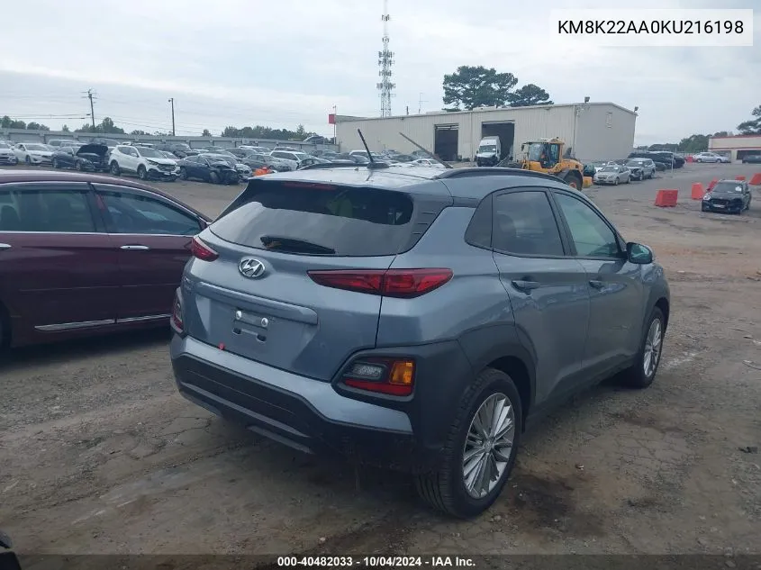 2019 Hyundai Kona Sel VIN: KM8K22AA0KU216198 Lot: 40482033