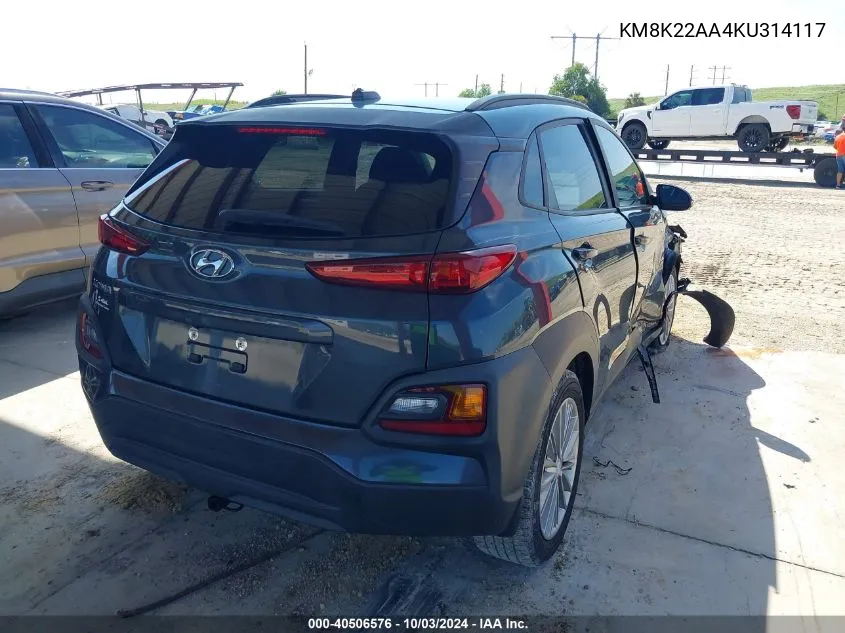 2019 Hyundai Kona Sel VIN: KM8K22AA4KU314117 Lot: 40506576