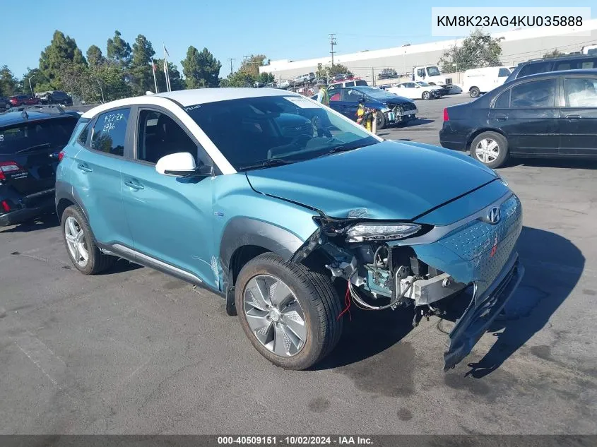 2019 Hyundai Kona Ev Sel VIN: KM8K23AG4KU035888 Lot: 40509151