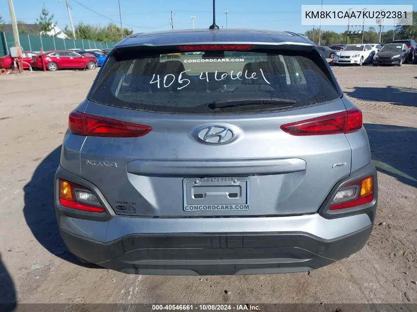 2019 Hyundai Kona Se VIN: KM8K1CAA7KU292381 Lot: 40546661