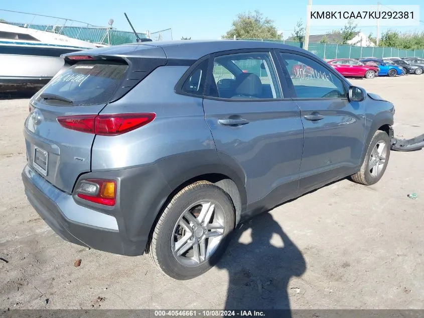 2019 Hyundai Kona Se VIN: KM8K1CAA7KU292381 Lot: 40546661