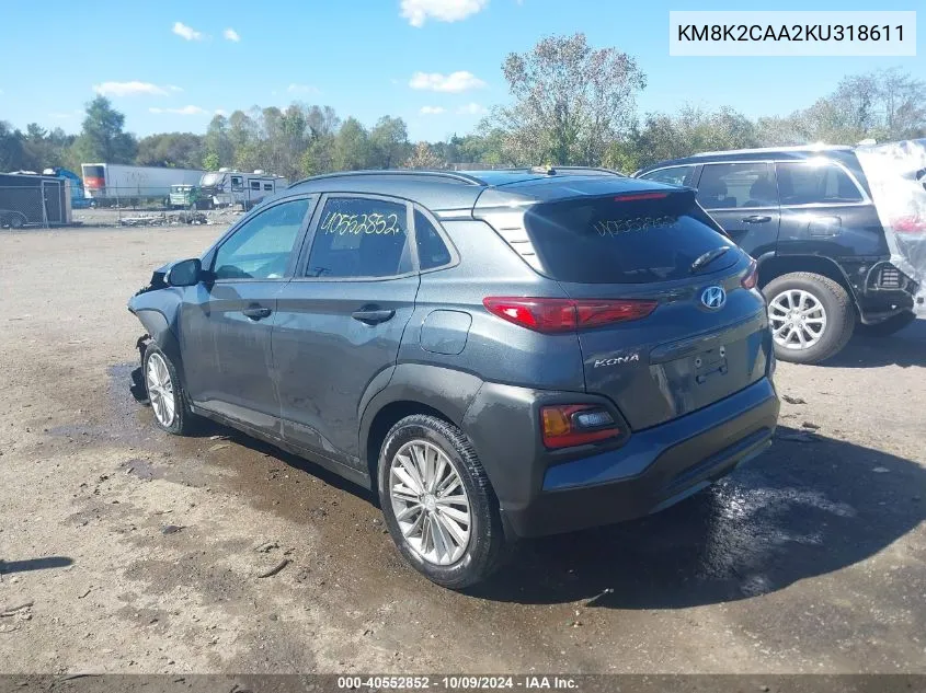 2019 Hyundai Kona Sel VIN: KM8K2CAA2KU318611 Lot: 40552852