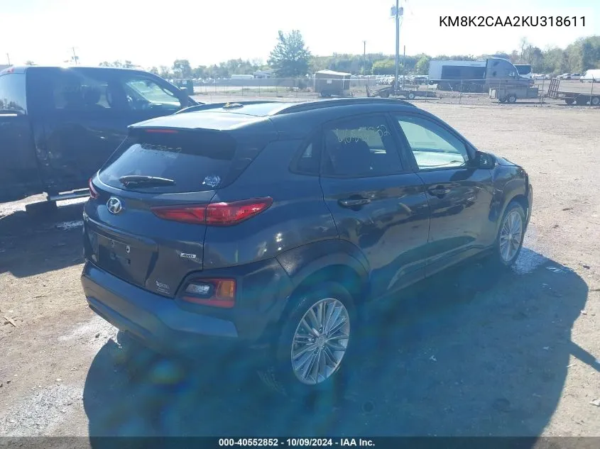 2019 Hyundai Kona Sel VIN: KM8K2CAA2KU318611 Lot: 40552852