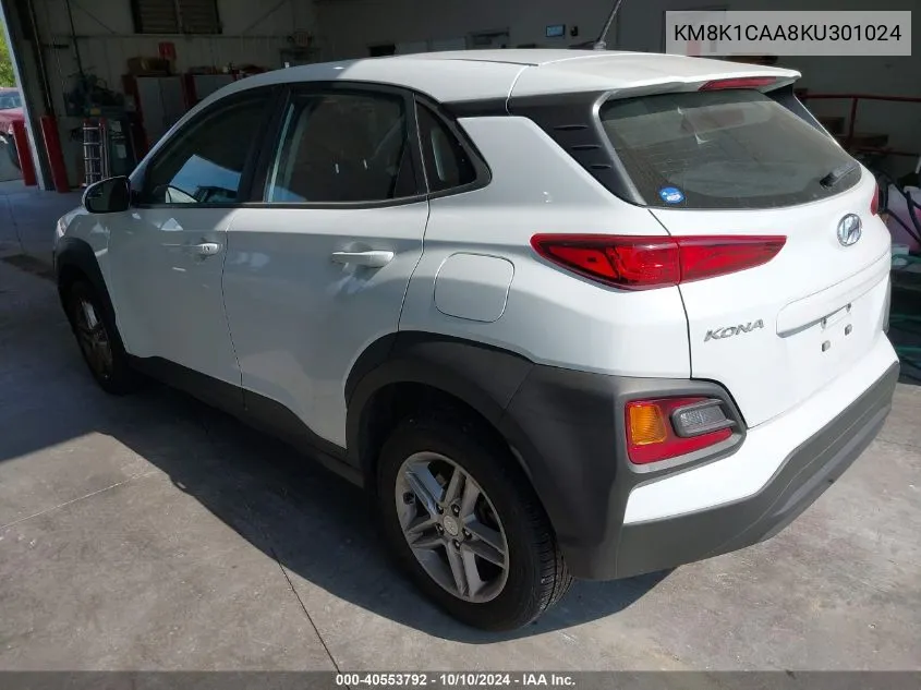 2019 Hyundai Kona Se VIN: KM8K1CAA8KU301024 Lot: 40553792