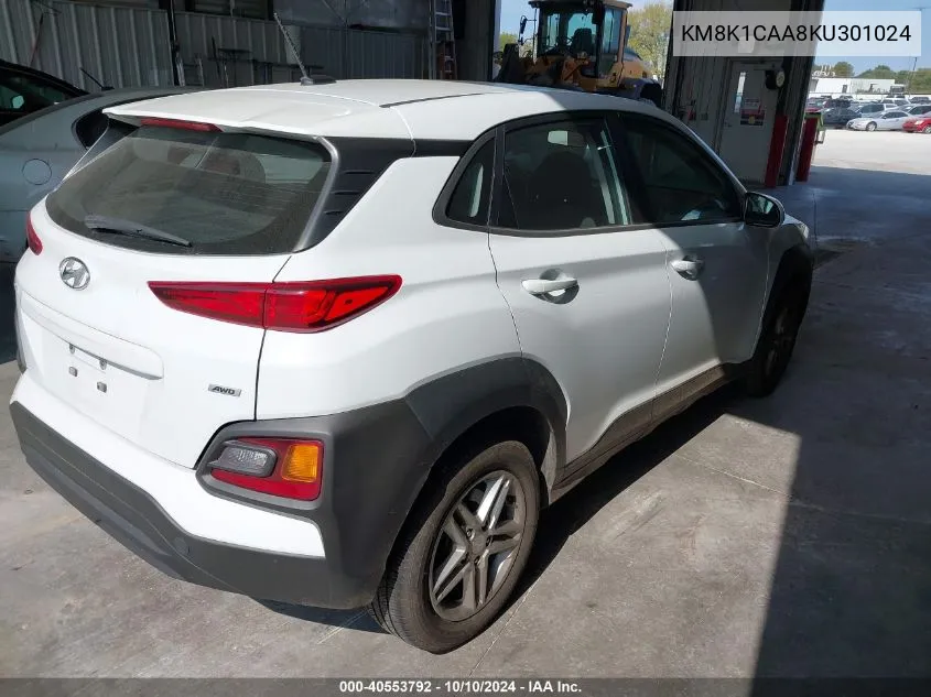 2019 Hyundai Kona Se VIN: KM8K1CAA8KU301024 Lot: 40553792