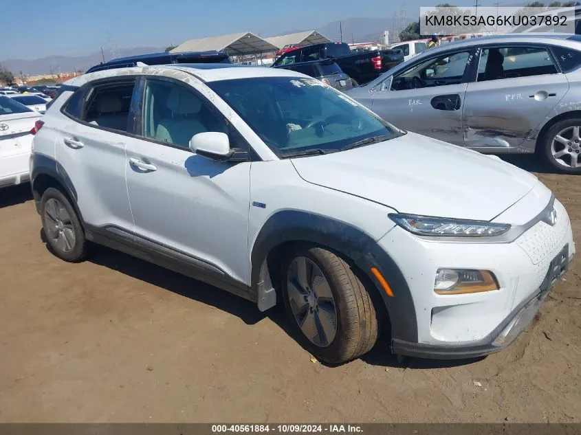 2019 Hyundai Kona Ev Ultimate VIN: KM8K53AG6KU037892 Lot: 40561884