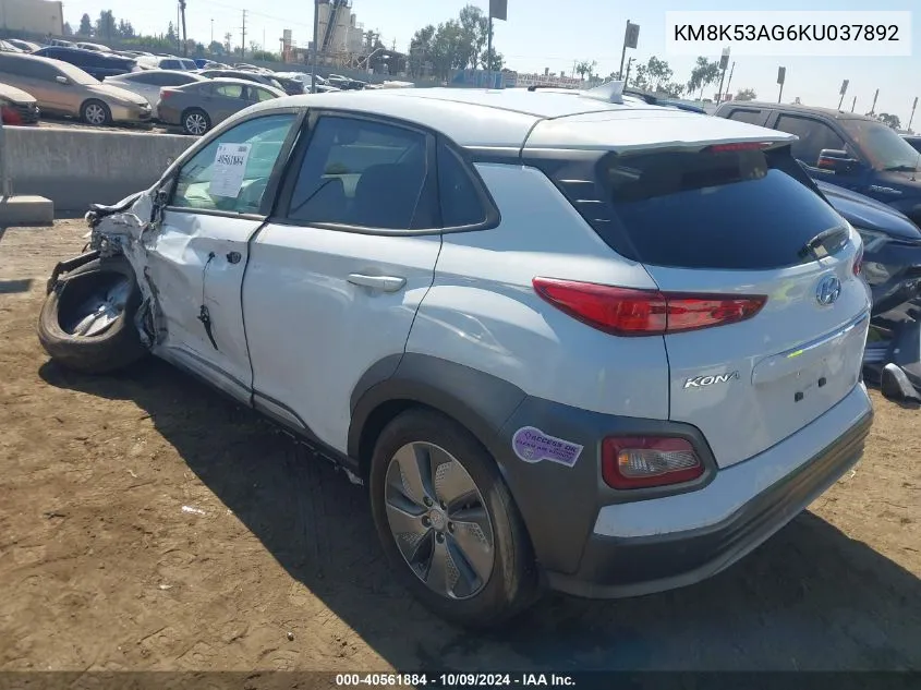 2019 Hyundai Kona Ev Ultimate VIN: KM8K53AG6KU037892 Lot: 40561884