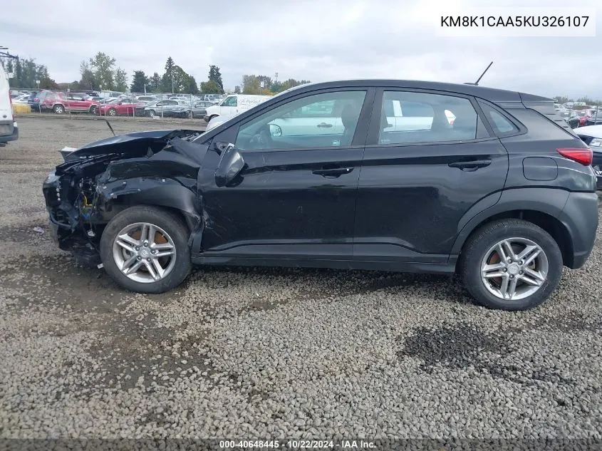 2019 Hyundai Kona Se VIN: KM8K1CAA5KU326107 Lot: 40648445