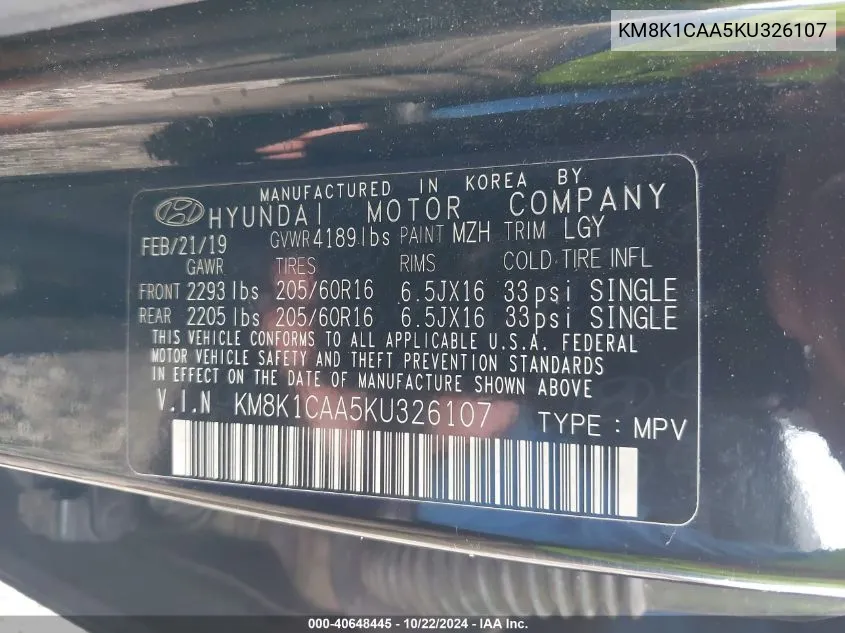 KM8K1CAA5KU326107 2019 Hyundai Kona Se