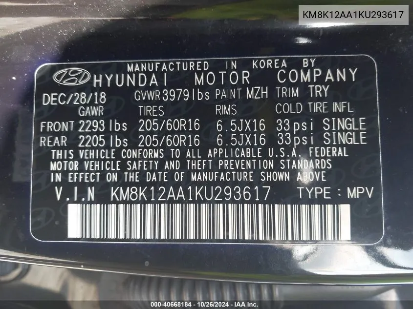 KM8K12AA1KU293617 2019 Hyundai Kona Se