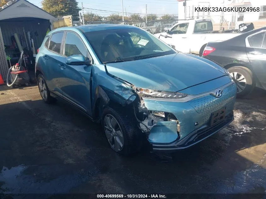 2019 Hyundai Kona Ev Limited VIN: KM8K33AG6KU024968 Lot: 40699569