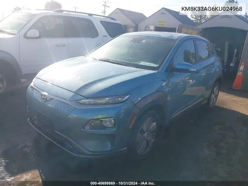 2019 Hyundai Kona Ev Limited VIN: KM8K33AG6KU024968 Lot: 40699569