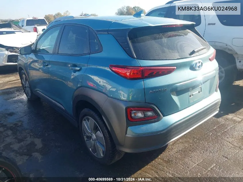 2019 Hyundai Kona Ev Limited VIN: KM8K33AG6KU024968 Lot: 40699569