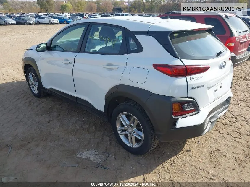 2019 Hyundai Kona Se VIN: KM8K1CAA5KU200751 Lot: 40704918