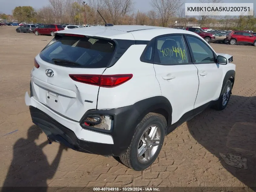 2019 Hyundai Kona Se VIN: KM8K1CAA5KU200751 Lot: 40704918