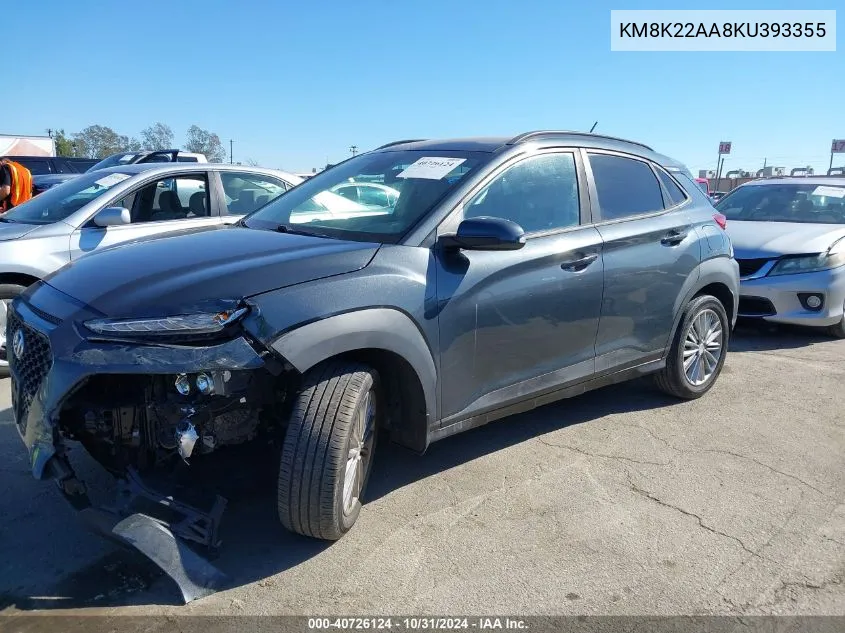 2019 Hyundai Kona Sel VIN: KM8K22AA8KU393355 Lot: 40726124