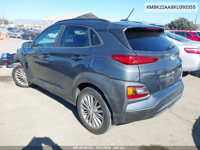 2019 Hyundai Kona Sel VIN: KM8K22AA8KU393355 Lot: 40726124