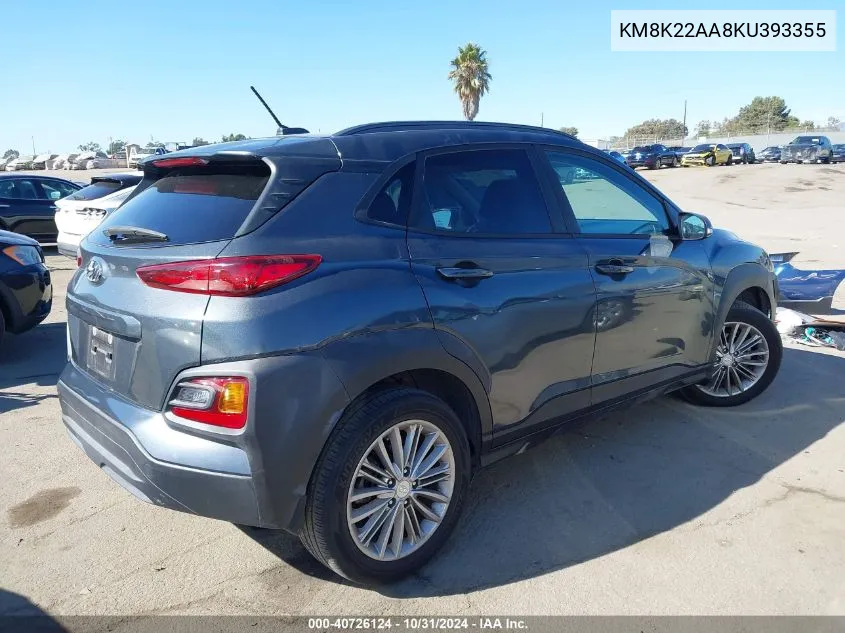 2019 Hyundai Kona Sel VIN: KM8K22AA8KU393355 Lot: 40726124