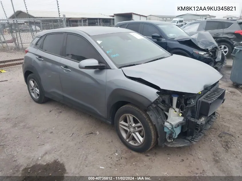 2019 Hyundai Kona Se VIN: KM8K12AA9KU345821 Lot: 40735812