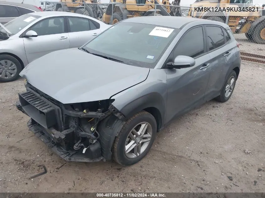 2019 Hyundai Kona Se VIN: KM8K12AA9KU345821 Lot: 40735812